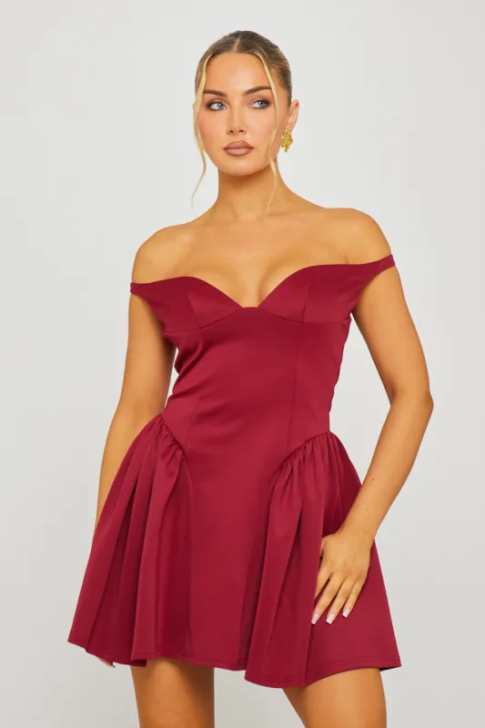 Wine Off Shoulder Drop Waist Mini Dress sold by Nothingbutstyle