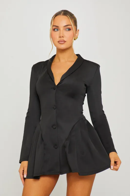 Black Button Front Long Sleeve Pleated Blazer Dress made by Nothingbutstyle