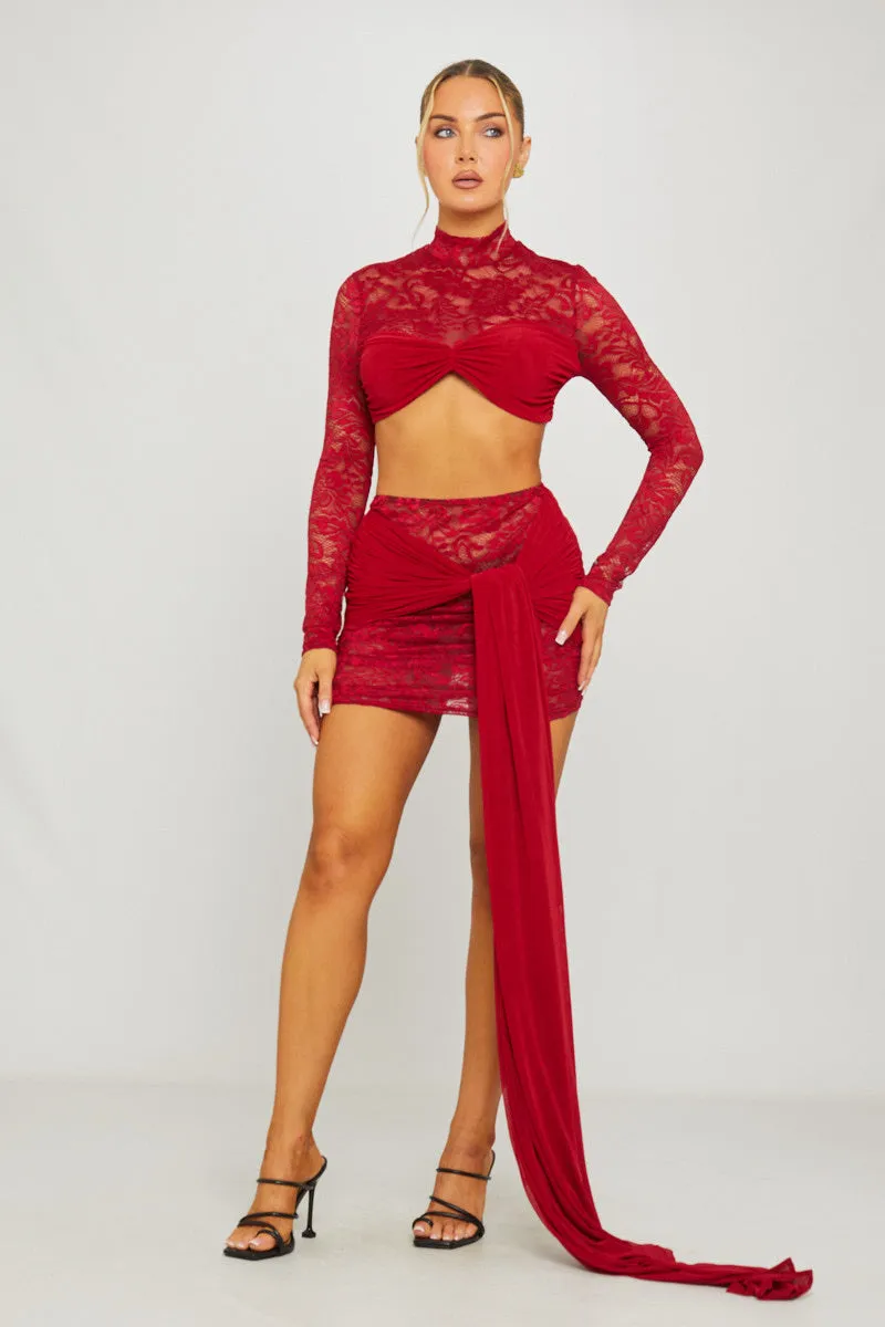 Wine Lace High Neck Crop Top & Draped Mini Skirt Co-Ord sold by Nothingbutstyle product image thumbnail 3