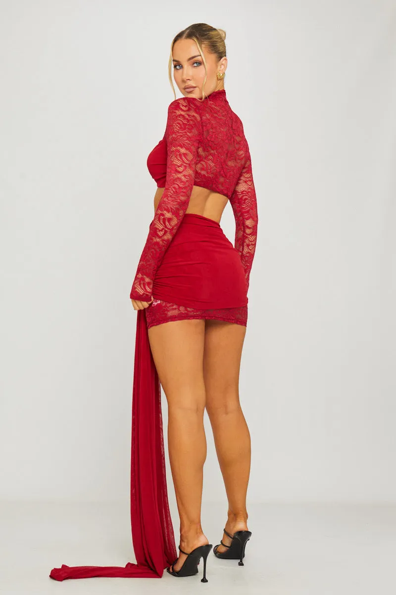 Wine Lace High Neck Crop Top & Draped Mini Skirt Co-Ord sold by Nothingbutstyle product image thumbnail 4
