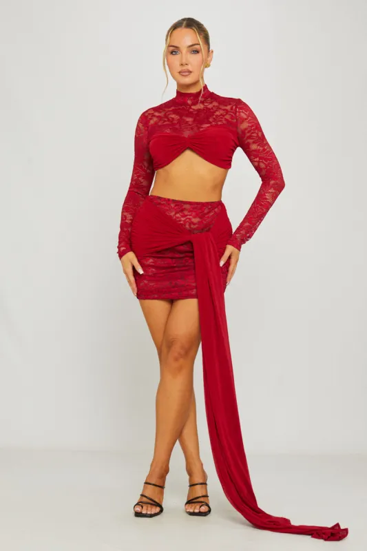 Wine Lace High Neck Crop Top & Draped Mini Skirt Co-Ord sold by Nothingbutstyle