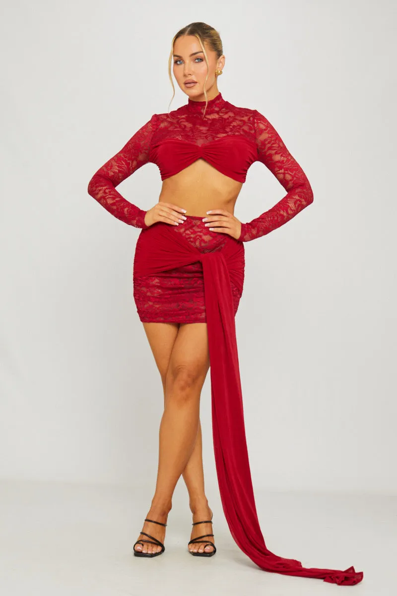 Wine Lace High Neck Crop Top & Draped Mini Skirt Co-Ord sold by Nothingbutstyle product image thumbnail 2