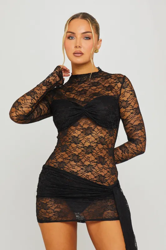 Black Lace High Neck Draped Long Sleeve Mini Dress sold by Nothingbutstyle