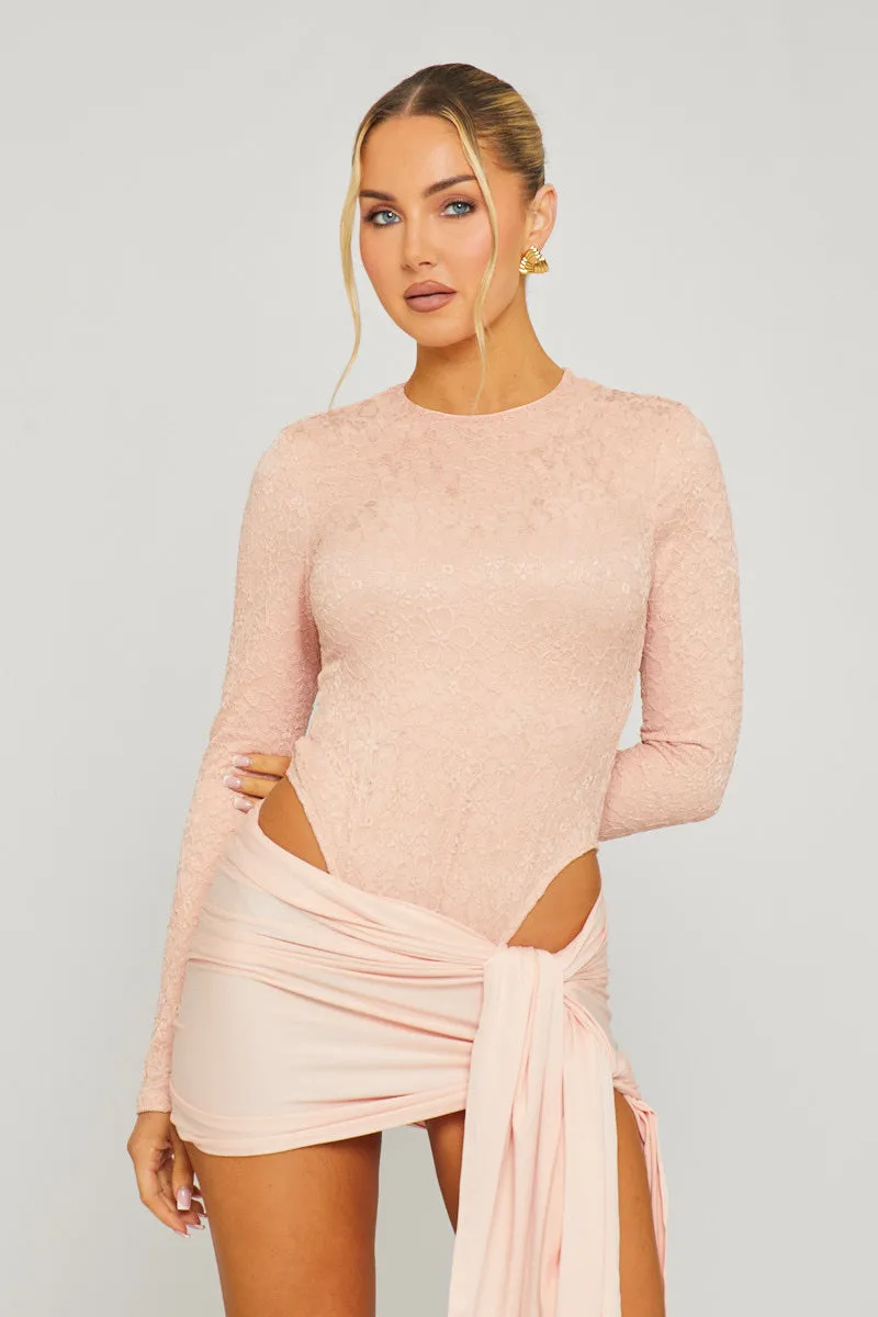 Pink Lace Bodysuit & Draped Slit Mini Skirt Co-Ord sold by Nothingbutstyle product image thumbnail 3