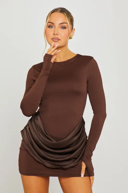 Brown Slash Neck Drape Waist Long Sleeve Mini Dress sold by Nothingbutstyle