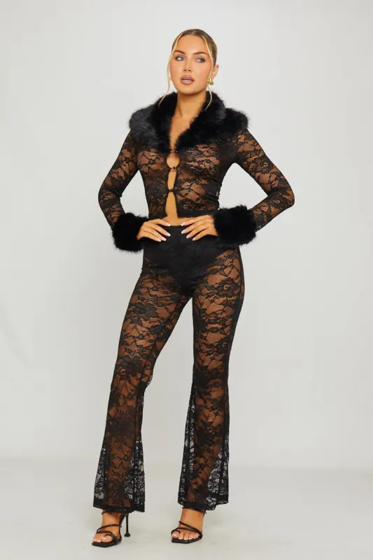 Black Faux Fur Trim Lace Cardigan & Flared Trousers Co-Ord sold by Nothingbutstyle