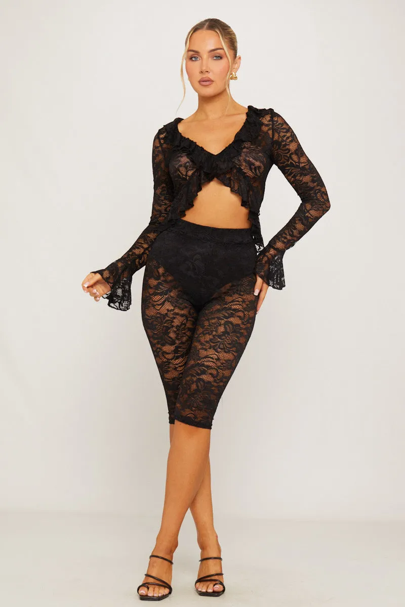 Black Lace Tie Front Ruffle Top & Capri Leggings Co-Ord sold by Nothingbutstyle product image thumbnail 2