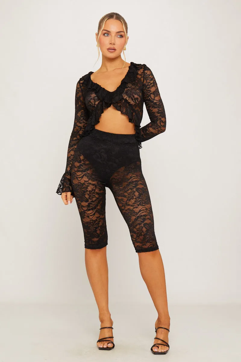Black Lace Tie Front Ruffle Top & Capri Leggings Co-Ord sold by Nothingbutstyle product image thumbnail 3