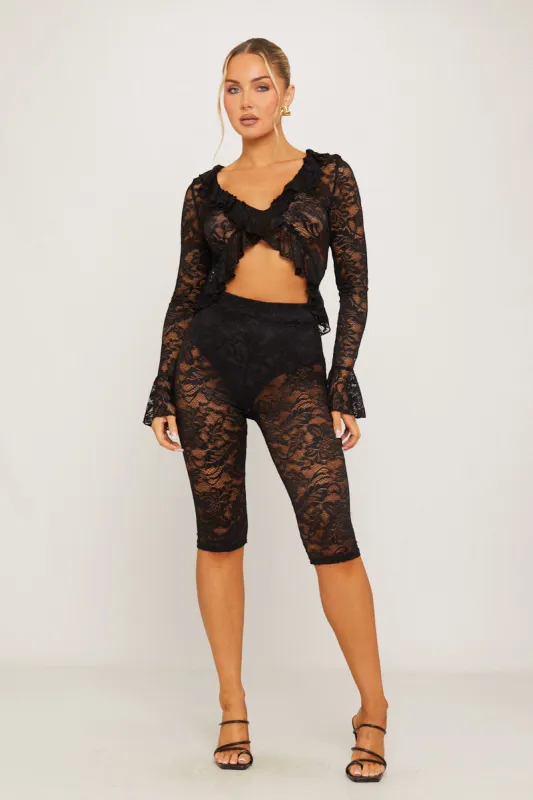 Black Lace Tie Front Ruffle Top & Capri Leggings Co-Ord sold by Nothingbutstyle