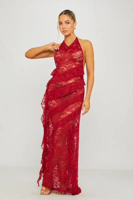 Wine Lace Halter Ruffle Trim Open Back Maxi Dress sold by Nothingbutstyle