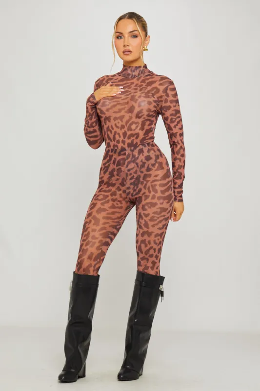 Leopard Print Sheer High Neck Bodysuit & Leggings Co-Ord sold by Nothingbutstyle