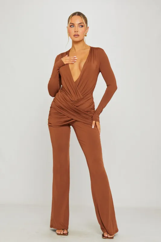 Brown Plunge Slinky Long Sleeve Jumpsuit sold by Nothingbutstyle