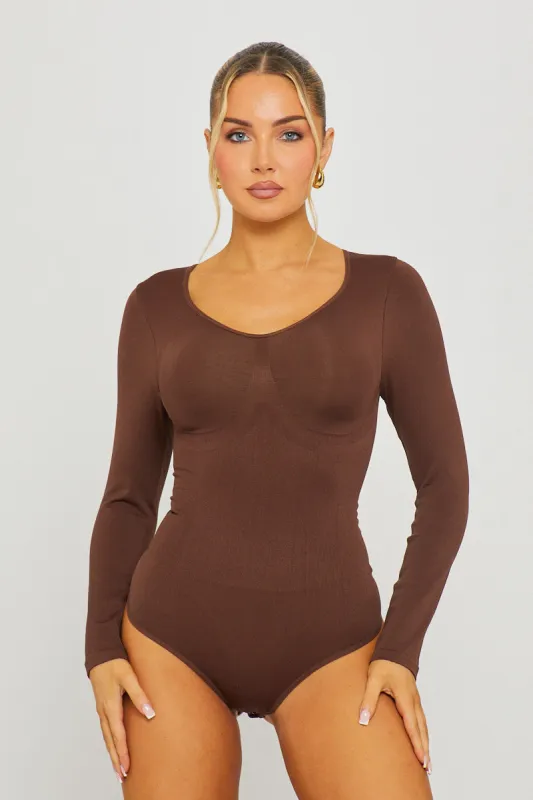 Brown Seamless Sculpting Long Sleeve Bodysuit sold by Nothingbutstyle