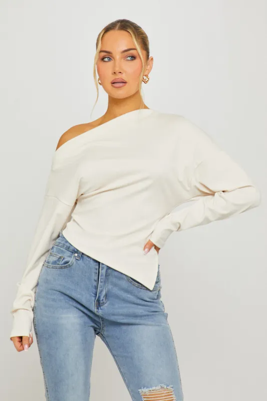 Cream Asymmetric One Shoulder Long Sleeve Top sold by Nothingbutstyle