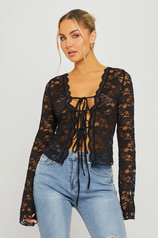 Black Lace Tie Front Flared Sleeve Top sold by Nothingbutstyle
