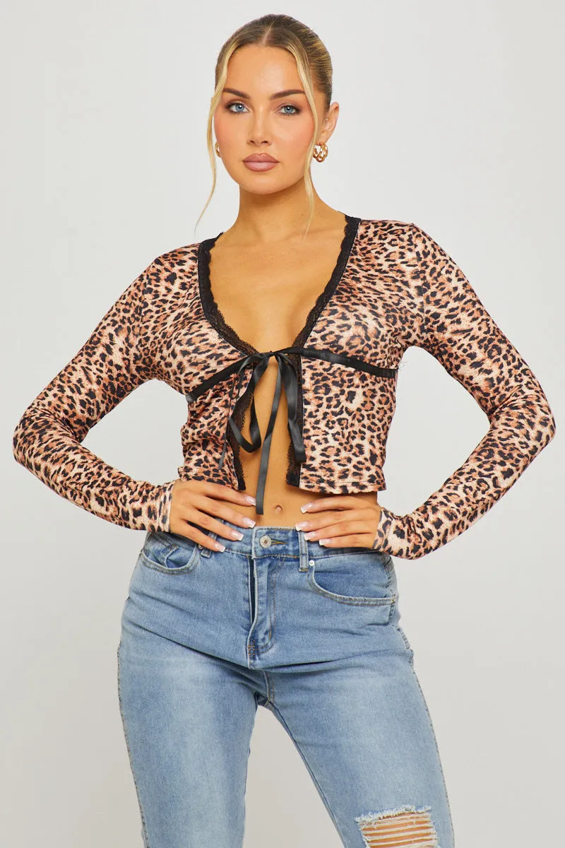 Leopard Print Lace Trim Tie Front Split Detail Top sold by Nothingbutstyle product image thumbnail 2