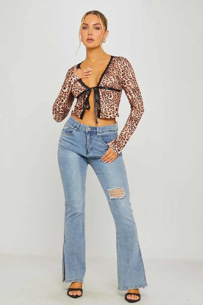 Leopard Print Lace Trim Tie Front Split Detail Top sold by Nothingbutstyle product image thumbnail 3