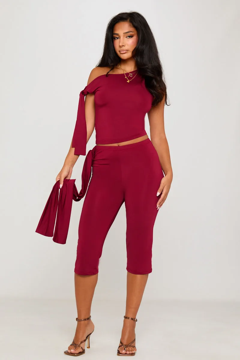 Burgundy One Shoulder Knot Detail Top & Capri Pants Co-Ord sold by Nothingbutstyle product image thumbnail 2