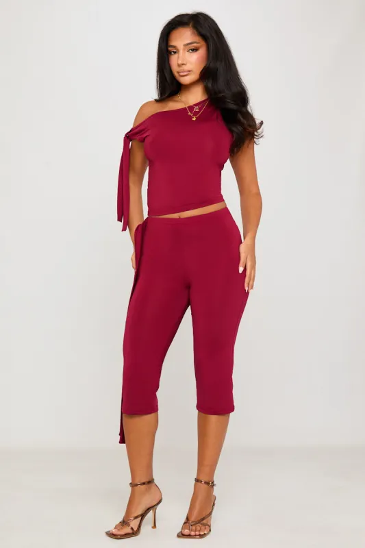 Burgundy One Shoulder Knot Detail Top & Capri Pants Co-Ord sold by Nothingbutstyle