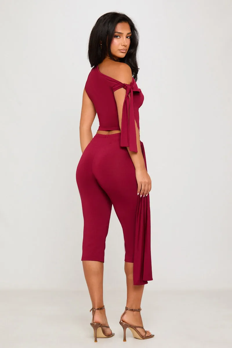 Burgundy One Shoulder Knot Detail Top & Capri Pants Co-Ord sold by Nothingbutstyle product image thumbnail 3