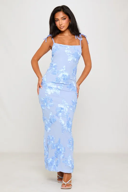 Blue Floral Embroidered Shoulder Tie Maxi Dress sold by Nothingbutstyle