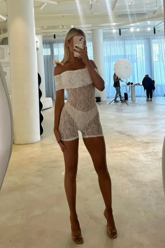White Sheer Lace Off Shoulder Fold Over Playsuit sold by Nothingbutstyle