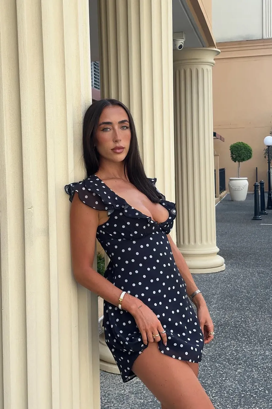 Black Polka Dot Ruffle Trim Mini Dress sold by Nothingbutstyle