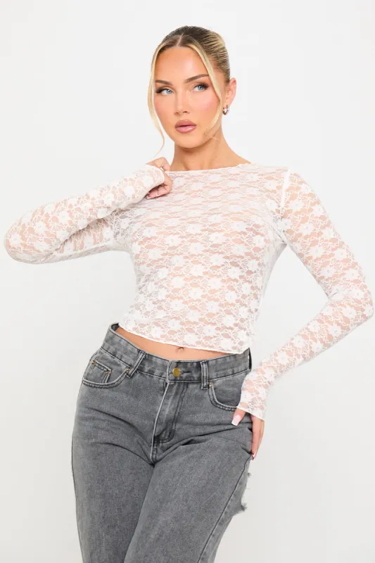 White Sheer Floral Lace Long Sleeve Top sold by Nothingbutstyle