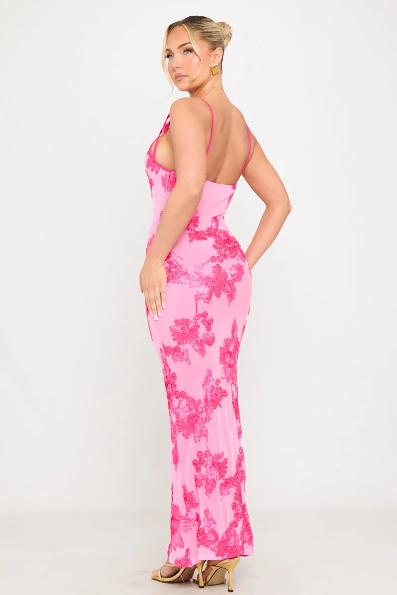 Pink Floral Embroidered Shoulder Tie Maxi Dress sold by Nothingbutstyle product image thumbnail 5