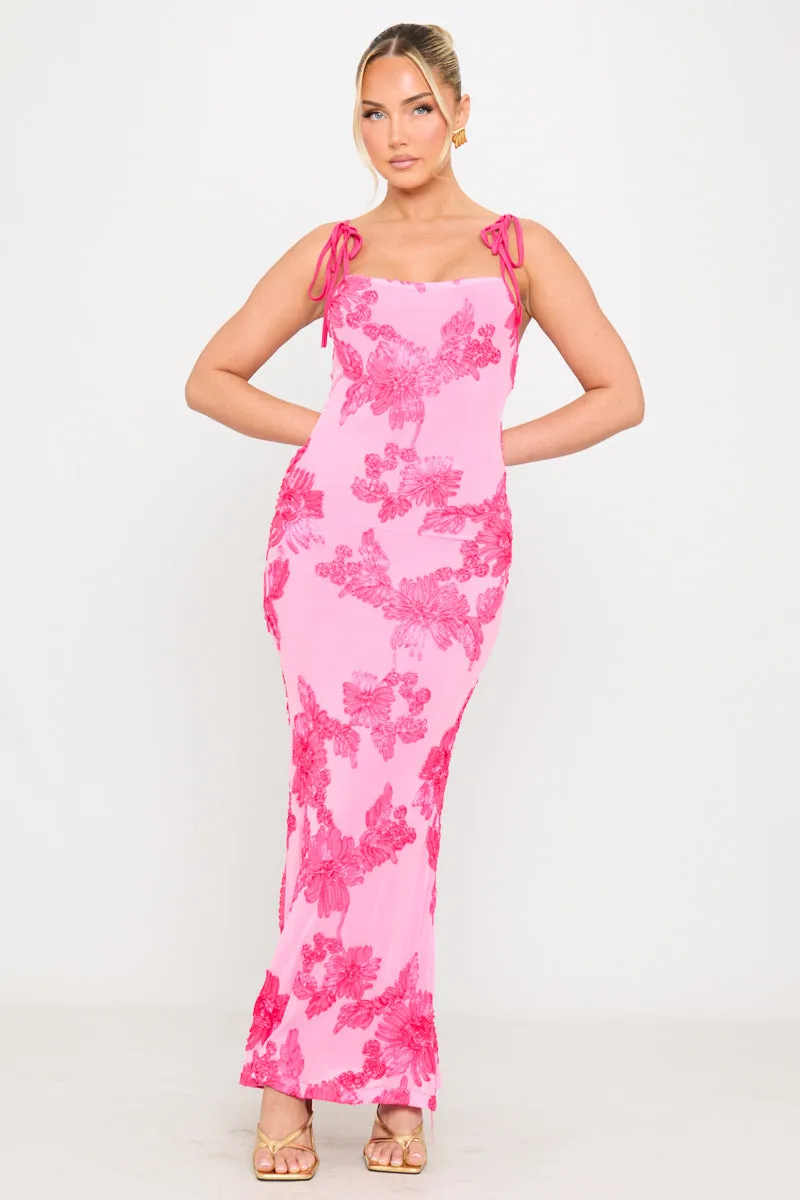 Pink Floral Embroidered Shoulder Tie Maxi Dress sold by Nothingbutstyle product image thumbnail 3