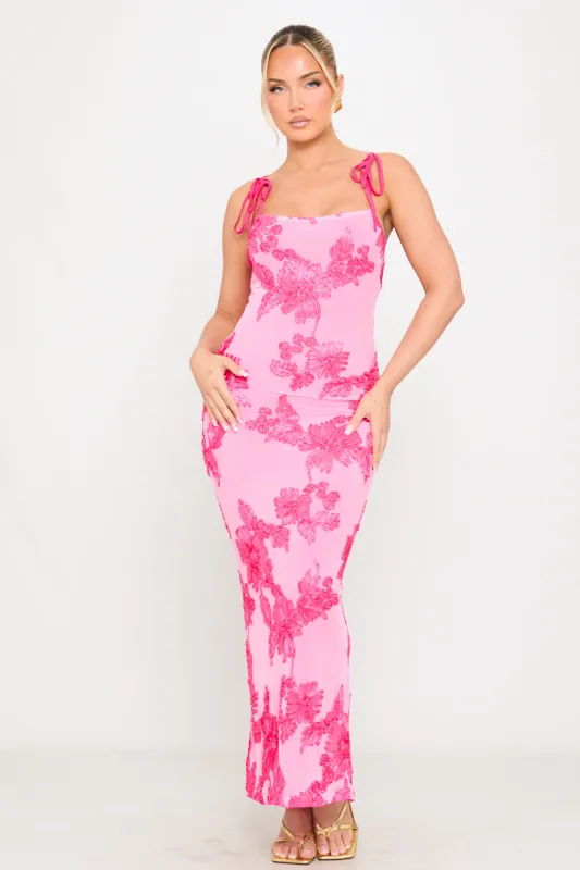 Pink Floral Embroidered Shoulder Tie Maxi Dress sold by Nothingbutstyle