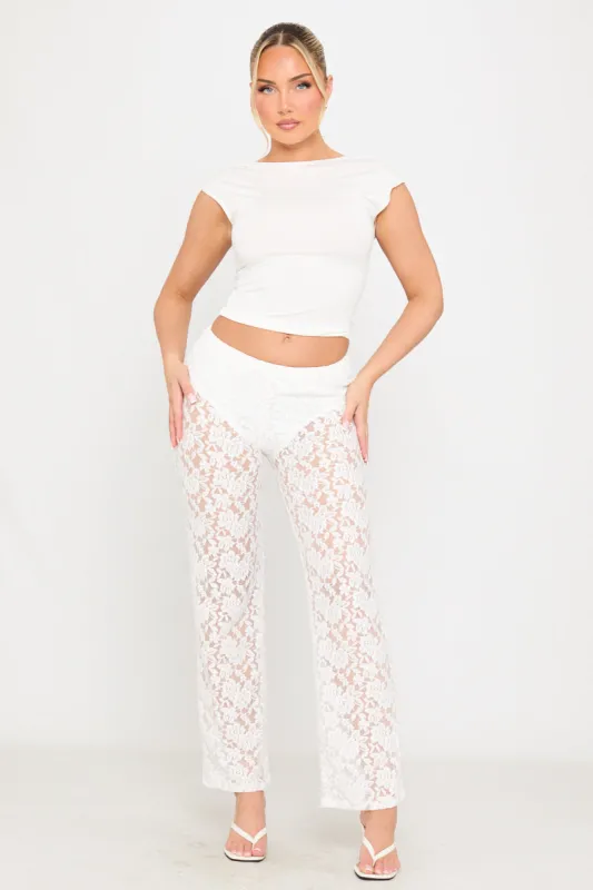 White Floral Lace Straight Leg Trousers sold by Nothingbutstyle