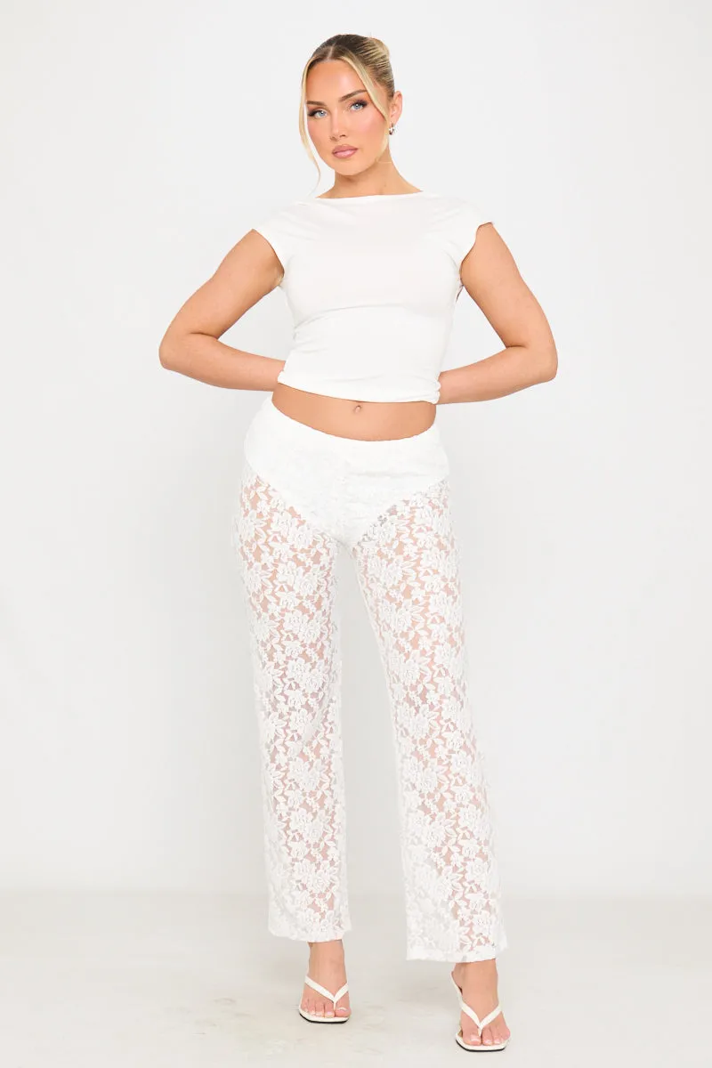 White Floral Lace Straight Leg Trousers sold by Nothingbutstyle product image thumbnail 2