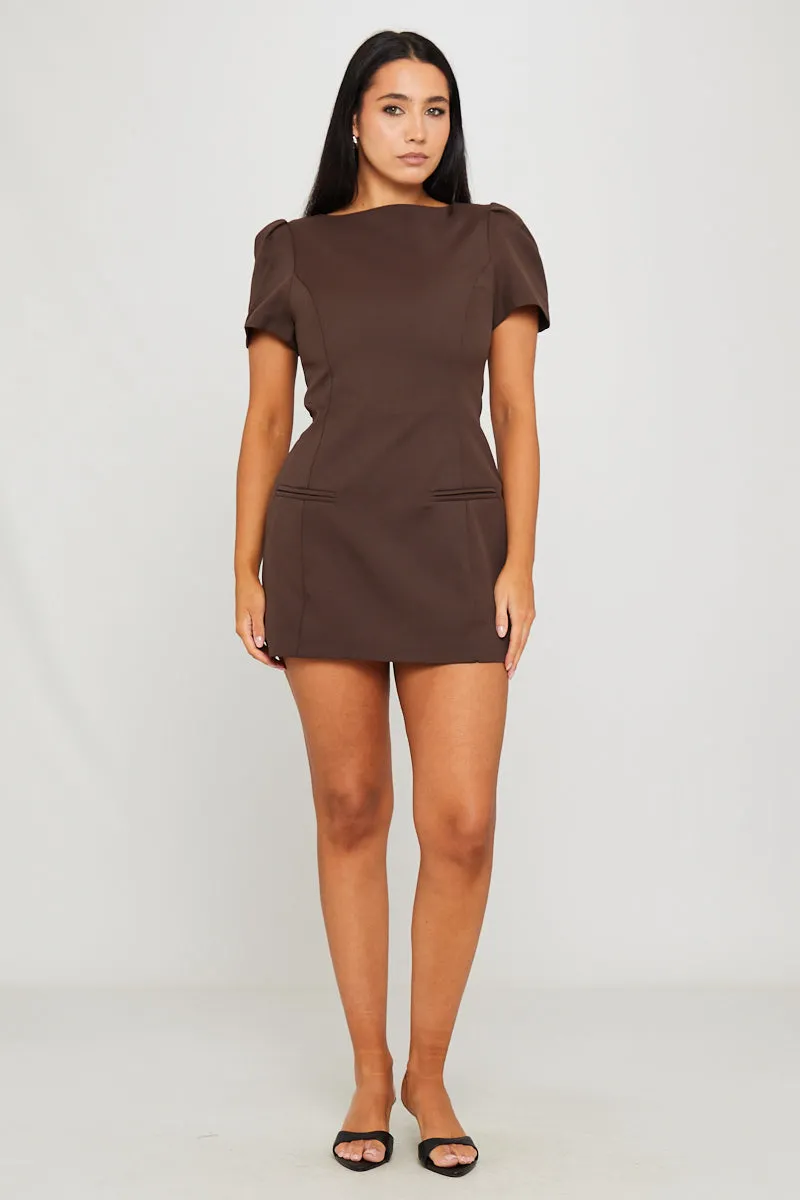 Brown Short Sleeve Pleated Pocket Mini Dress sold by Nothingbutstyle product image thumbnail 3