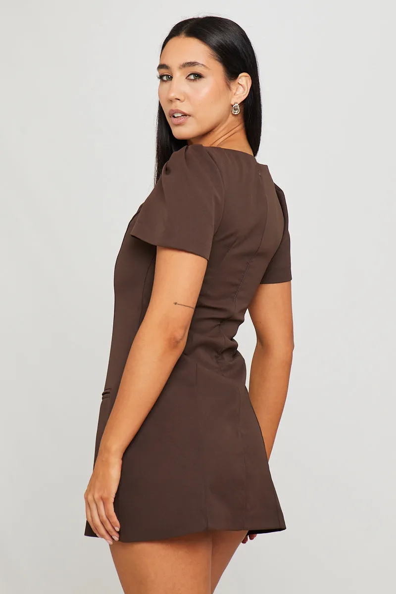 Brown Short Sleeve Pleated Pocket Mini Dress sold by Nothingbutstyle product image thumbnail 4