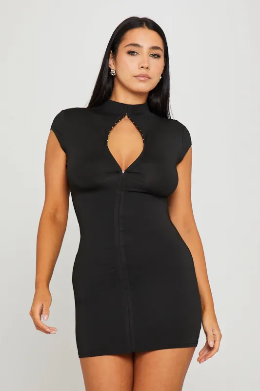 Black High Neck Hook Detail Bodycon Mini Dress made by Nothingbutstyle