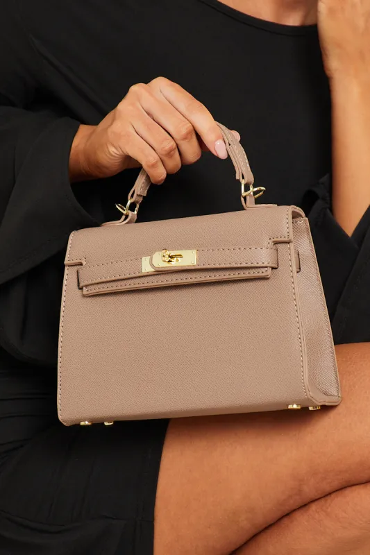 Taupe Faux Leather Top Handle Tote Bag made by Nothingbutstyle