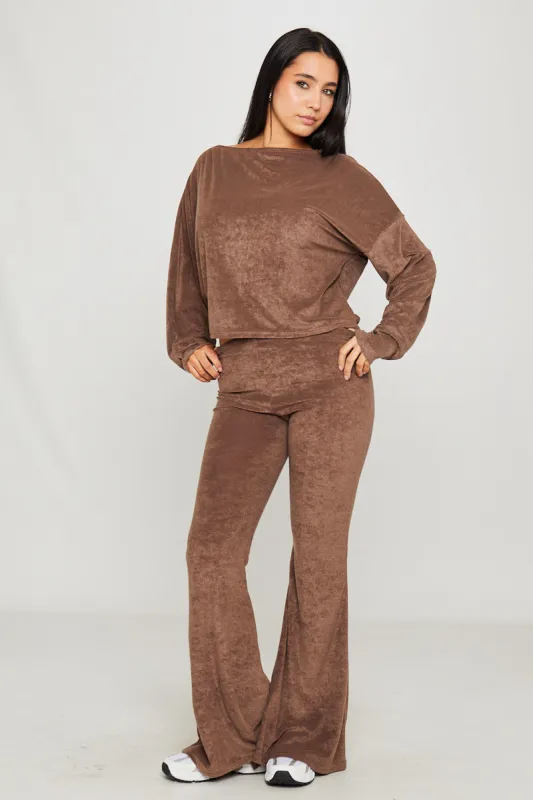 Brown Knitted One Shoulder Top & Pants Loungewear Set made by Nothingbutstyle