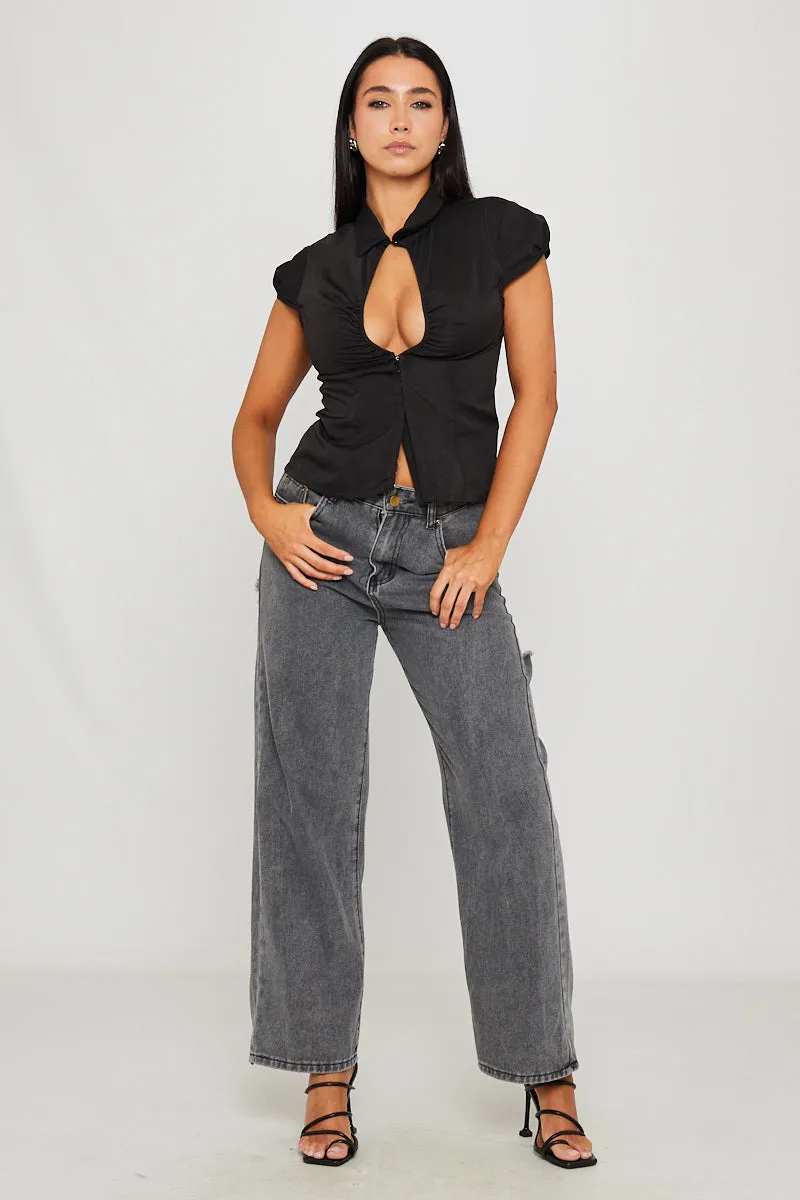 Black Plunge Hook & Eye Detail Cap Sleeve Top sold by Nothingbutstyle
