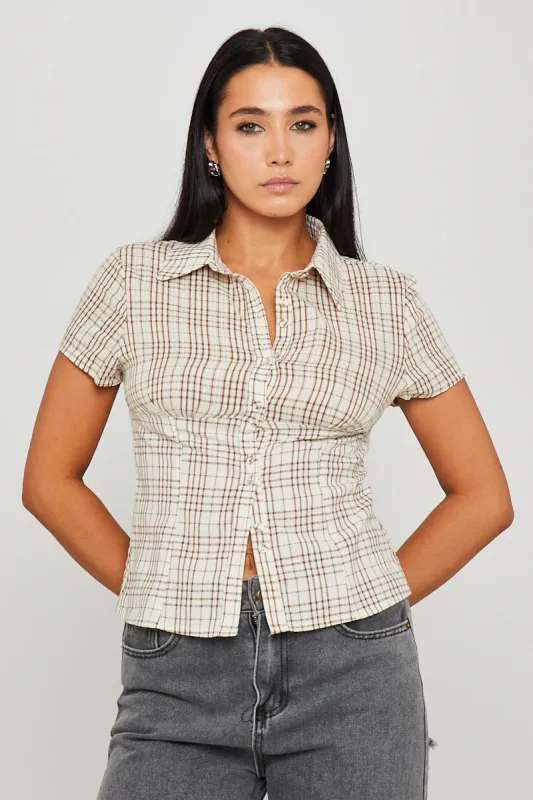 Brown Check Collared Button Front Short Sleeve Shirt made by Nothingbutstyle