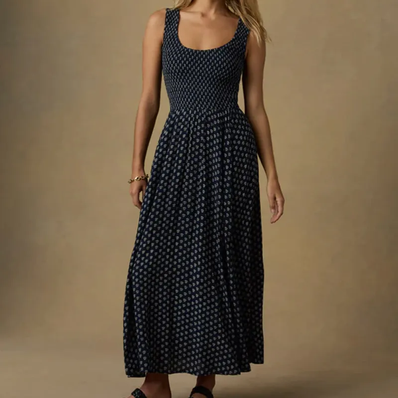 Faherty - Sophia Smocked Dress - Navy Lotus Floral made by Faherty