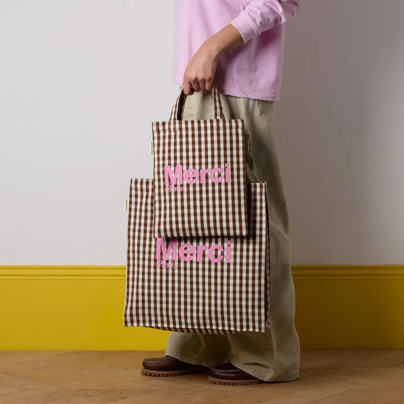 Merci - Vichy cotton tote bag - Brown and Ecru made by Merci