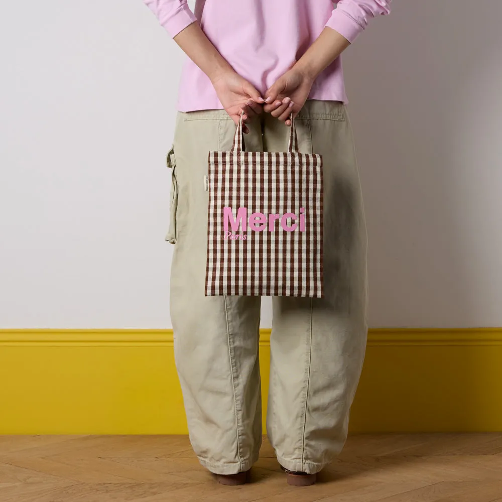 Merci - Vichy cotton tote bag - Brown and Ecru sold by Merci product image thumbnail 3