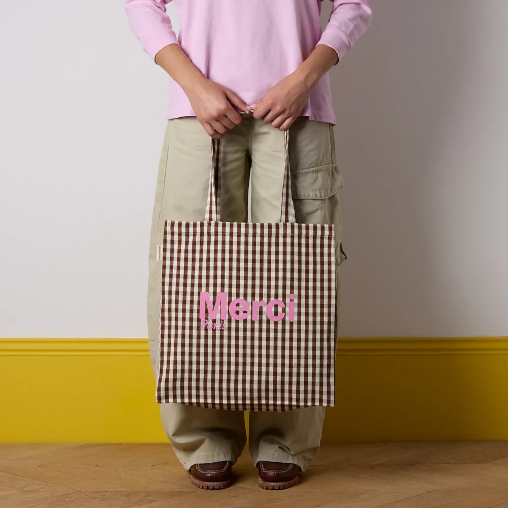 Merci - Vichy cotton tote bag - Brown and Ecru sold by Merci product image thumbnail 2