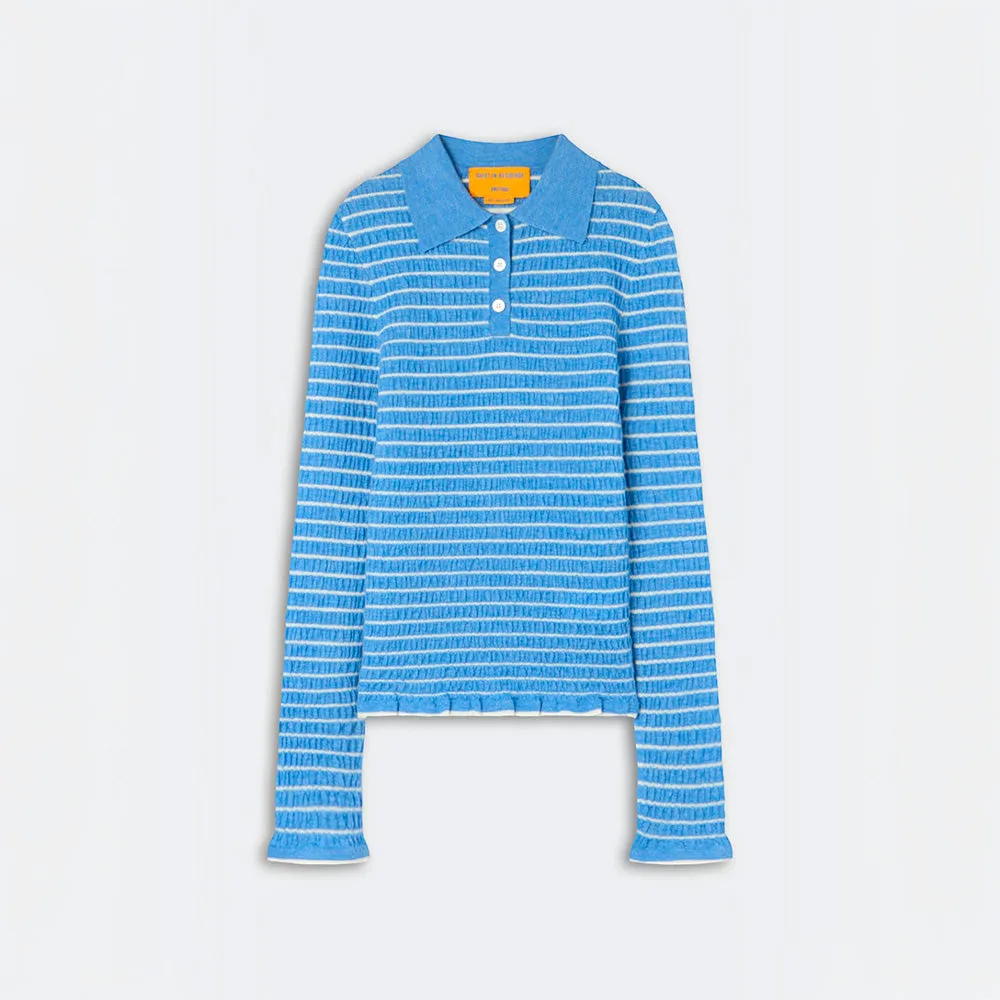 Guest In Residence - Smocked Shrunken Polo Shirt - Delft Blue & Cream sold by Merci