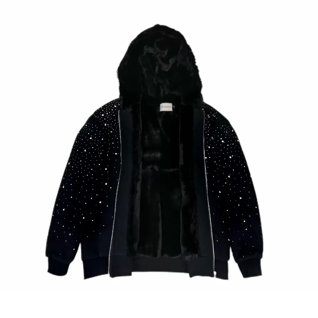 VYBES Rhinestone Galaxy Zip Up (Fur Lined) sold by VYBES
