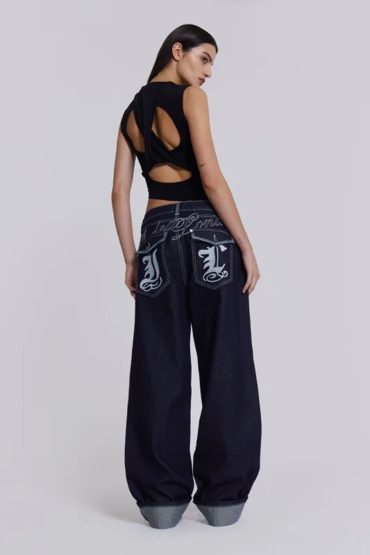 Sonic Embroidered Baggy Jeans sold by Jaded London