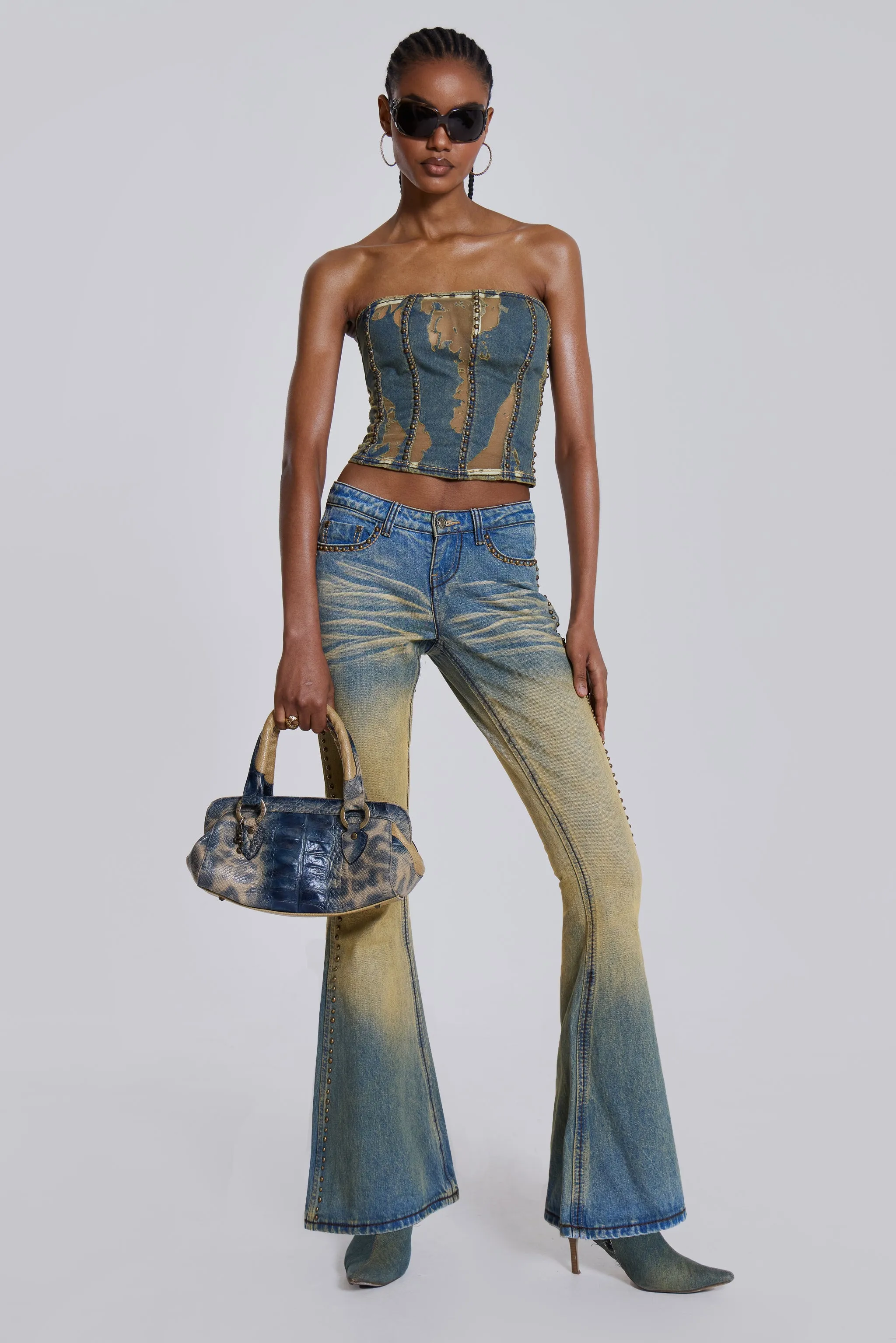 Demure Studded Flared Jeans sold by Jaded London