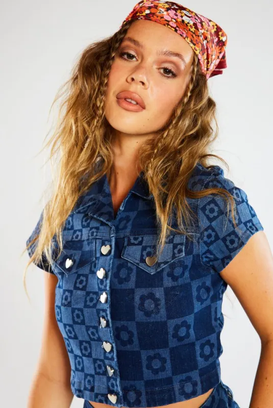 Flower Print Short Sleeve Denim Crop Top sold by Jaded London