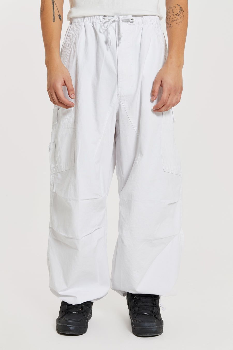 Pure White Parachute Cargo Pants sold by Jaded London